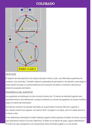 OBJETIVOS
El objetivo de este ejercicio es la mejora del pase medio y corto, con diferentes superficies de
contacto, y los controles. También mejora la capacidad de percepción y de decisión, para elegir la
mejor opción de pase y la actitud defensiva (sin posesión de balón) y transición ofensiva (al
obtener la posesión del balón).
DESARROLLO DEL EJERCICIO
Los jugadores se distribuyen en dos circulos (rondos) de 15 metros de diámetro jugando seis
atacantes frente a dos defensores, aunque la distancia y número de jugadores se puede modificar
según el criterio del entrenador.
Se trata de mantener la posesión del balón en superioridad numérica ofensiva, jugando a
dos toques máximo por jugador, con pierna ―libre‖ si juegan a un toque, pero sin repetir pierna si
lo hacen a dos.
Si los defensores interceptan el balón deberán jugarlo ambos (pasarse el balón) al menos una vez
para abandonar ambos la función defensiva. Si fallan en el intento de pase, siguen defendiendo.
El motivo es que consigamos una recuperación plena del balón jugado y no una simple
 