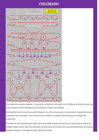 Este ejercicio es para trabajar y mejorar la conducción del balón y en el dibujo se observa que hay
nueve postas donde trabajamos por parejas en cada una de ellas.
Obviamente este circuito se puede trabajar a un ritmo muy suave y buscando la mejora técnica en
categorías principiantes o más intenso para realizar un trabajo físico-técnico en categorías
superiores.
También he de comentar que estos ejercicios están puestos en forma de circuito para realizar un
trabajo rotatorio pero que son ejemplos de ejercicios de conducción que perfectamente se pueden
trabajar aislados o escogiendo sólo algunos de ellos.
 
