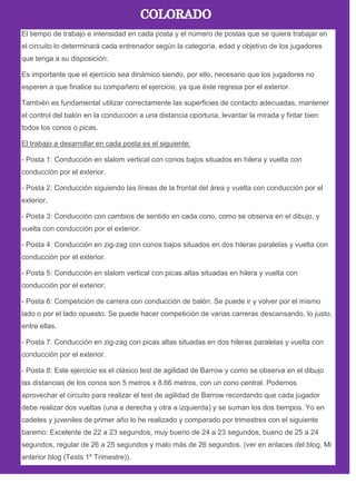 El tiempo de trabajo e intensidad en cada posta y el número de postas que se quiera trabajar en
el circuito lo determinará cada entrenador según la categoría, edad y objetivo de los jugadores
que tenga a su disposición.
Es importante que el ejercicio sea dinámico siendo, por ello, necesario que los jugadores no
esperen a que finalice su compañero el ejercicio, ya que éste regresa por el exterior.
También es fundamental utilizar correctamente las superficies de contacto adecuadas, mantener
el control del balón en la conducción a una distancia oportuna, levantar la mirada y fintar bien
todos los conos o picas.
El trabajo a desarrollar en cada posta es el siguiente:
- Posta 1: Conducción en slalom vertical con conos bajos situados en hilera y vuelta con
conducción por el exterior.
- Posta 2: Conducción siguiendo las líneas de la frontal del área y vuelta con conducción por el
exterior.
- Posta 3: Conducción con cambios de sentido en cada cono, como se observa en el dibujo, y
vuelta con conducción por el exterior.
- Posta 4: Conducción en zig-zag con conos bajos situados en dos hileras paralelas y vuelta con
conducción por el exterior.
- Posta 5: Conducción en slalom vertical con picas altas situadas en hilera y vuelta con
conducción por el exterior.
- Posta 6: Competición de carrera con conducción de balón. Se puede ir y volver por el mismo
lado o por el lado opuesto. Se puede hacer competición de varias carreras descansando, lo justo,
entre ellas.
- Posta 7: Conducción en zig-zag con picas altas situadas en dos hileras paralelas y vuelta con
conducción por el exterior.
- Posta 8: Este ejercicio es el clásico test de agilidad de Barrow y como se observa en el dibujo
las distancias de los conos son 5 metros x 8.66 metros, con un cono central. Podemos
aprovechar el circuito para realizar el test de agilidad de Barrow recordando que cada jugador
debe realizar dos vueltas (una a derecha y otra a izquierda) y se suman los dos tiempos. Yo en
cadetes y juveniles de primer año lo he realizado y comparado por trimestres con el siguiente
baremo: Excelente de 22 a 23 segundos, muy bueno de 24 a 23 segundos, bueno de 25 a 24
segundos, regular de 26 a 25 segundos y malo más de 26 segundos. (ver en enlaces del blog, Mi
anterior blog (Tests 1º Trimestre)).
 