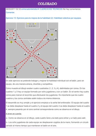 08/05/2011 02:33 entrenadordefutbol #. EJERCICIOS TÉCNICOS No hay comentarios.
Comentar.
Ejercicio 13: Ejercicio para la mejora de la habilidad (2): Habilidad colectiva por equipos.
En este ejercicio se pretende trabajar y mejorar la habilidad individual con el balón, pero en
equipo, de una manera amena, divertida y competitiva.
Como muestra el dibujo existen cuatro cuadrados (1, 2, 3 y 4), delimitados por conos. En los
cuadros 1 y 3 hay un equipo formado por ocho jugadores y con un balón. En el centro hay cuatro
conos para marcar el recorrido que efectuaran los jugadores. Es importante que los cuatro
cuadros y los conos centrales estén todos a la misma distancia.
El desarrollo es muy simple y el ejercicio empieza a la señal del entrenador. El equipo del cuadro
1 se debe desplazar hasta el cuadro 2 y el equipo del cuadro 3 se debe desplazar hasta el cuadro
4, siempre pasando por el cono central correspondiente como se observa en el dibujo.
A tener en cuenta:
a.- Como se observa en el dibujo, cada cuadro tiene una lado para entrar y un lado para salir.
b.- Los ocho jugadores de cada equipo se desplazaran cogidos de la mano, formando un círculo
cerrado al mismo tiempo que mantienen el balón en el aire.
 