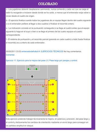 c.- Los jugadores deberán desplazarse caminando, nunca corriendo y cada vez que se caiga el
balón lo recogerán e iniciaran desde donde se ha caído, a menos que el entrenador exija volver a
iniciar desde el cuadro de origen.
d.- El ejercicio finaliza cuando todos los jugadores de un equipo llegan dentro del cuadro siguiente
o si el entrenador prefiere al llegar a dos cuadros o finalizar el recorrido entero.
e.- La motivación consiste en la puntuación conseguida si se llega al cuadro antes que el equipo
siguiente lo haga en el suyo o bien si se llega el primero de los cuatro equipos al cuadro
correspondiente.
f.- El sistema de puntuación y el recorrido parcial (parando en cada cuadro) o total (hasta finalizar
el recorrido) es a criterio de cada entrenador.
05/05/2011 23:03 entrenadordefutbol #. EJERCICIOS TÉCNICOS No hay comentarios.
Comentar.
Ejercicio 11: Ejercicio para la mejora del pase (1): Pase largo por parejas y control.
Este ejercicio pretende trabajar técnicamente la mejora, en potencia y precisión, del pase largo y
el control y tácticamente los cambios de orientación mediante un envío largo para conseguir en
los partidos amplitud en ataque.
 
