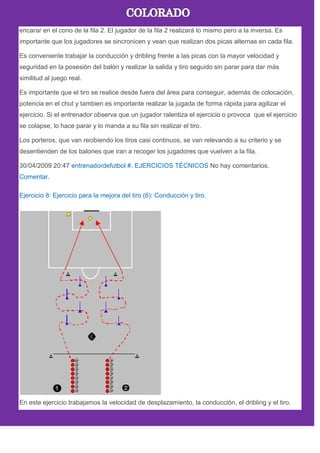 encarar en el cono de la fila 2. El jugador de la fila 2 realizarà lo mismo pero a la inversa. Es
importante que los jugadores se sincronicen y vean que realizan dos picas alternas en cada fila.
Es conveniente trabajar la conducción y dribling frente a las picas con la mayor velocidad y
seguridad en la posesión del balón y realizar la salida y tiro seguido sin parar para dar más
similitud al juego real.
Es importante que el tiro se realice desde fuera del área para conseguir, además de colocación,
potencia en el chut y tambien es importante realizar la jugada de forma rápida para agilizar el
ejercicio. Si el entrenador observa que un jugador ralentiza el ejercicio o provoca que el ejercicio
se colapse, lo hace parar y lo manda a su fila sin realizar el tiro.
Los porteros, que van recibiendo los tiros casi continuos, se van relevando a su criterio y se
desentienden de los balones que iran a recoger los jugadores que vuelven a la fila.
30/04/2009 20:47 entrenadordefutbol #. EJERCICIOS TÉCNICOS No hay comentarios.
Comentar.
Ejercicio 8: Ejercicio para la mejora del tiro (6): Conducción y tiro.
En este ejercicio trabajamos la velocidad de desplazamiento, la conducción, el dribling y el tiro.
 