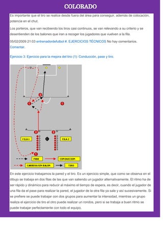 Es importante que el tiro se realice desde fuera del área para conseguir, además de colocación,
potencia en el chut.
Los porteros, que van recibiendo los tiros casi continuos, se van relevando a su criterio y se
desentienden de los balones que iran a recoger los jugadores que vuelven a la fila.
05/02/2009 21:03 entrenadordefutbol #. EJERCICIOS TÉCNICOS No hay comentarios.
Comentar.
Ejercicio 3: Ejercicio para la mejora del tiro (1): Conducción, pase y tiro.
En este ejercicio trabajamos la pared y el tiro. Es un ejercicio simple, que como se observa en el
dibujo se trabaja en dos filas de las que van saliendo un jugador alternativamente. El ritmo ha de
ser rápido y dinámico para reducir al máximo el tiempo de espera, es decir, cuando el jugador de
una fila da el pase para realizar la pared, el jugador de la otra fila ya sale y así sucesivamente. Si
se prefiere se puede trabajar con dos grupos para aumentar la intensidad, mientras un grupo
realiza el ejercicio de tiro el otro puede realizar un rondos, pero si se trabaja a buen ritmo se
puede trabajar perfectamente con todo el equipo.
 