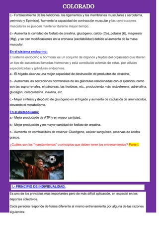 c.- Fortalecimiento de los tendones, los ligamentos y las membranas musculares ( sarcolema,
perimisio y Epimisio). Aumenta la capacidad de contracción muscular y las contracciones
musculares se pueden mantener durante mayor tiempo.
d.- Aumenta la cantidad de fosfato de creatina, glucógeno, calcio (Ca), potasio (K), magnesio
(Mg), y se dan modificaciones en la cronaxia (excitabilidad) debido al aumento de la masa
muscular.
En el sistema endocrino:
El sistema endocrino u hormonal es un conjunto de órganos y tejidos del organismo que liberan
un tipo de sustancias llamadas hormonas y está constituido además de estas, por células
especializadas y glándulas endocrinas.
a.- El hígado alcanza una mejor capacidad de destrucción de productos de desecho.
b.- Aumentan las secreciones hormonales de las glándulas relacionadas con el ejercicio, como
son las suprarrenales, el páncreas, las tiroideas, etc., produciendo más testosterona, adrenalina,
glucagón, catecolamina, insulina, etc.
c.- Mejor síntesis y depósito de glucógeno en el hígado y aumento de captación de aminoácidos,
elevando el metabolismo.
En el metabolismo:
a.- Mejor producción de ATP y en mayor cantidad.
b.- Mejor producción y en mayor cantidad de fosfato de creatina.
c.- Aumento de combustibles de reserva: Glucógeno, azúcar sanguíneo, reservas de ácidos
grasos.
¿Cuáles son los "mandamientos" o principios que deben tener los entrenamientos? Parte I.
1.- PRINCIPIO DE INDIVIDUALIDAD.
Es uno de los principios más importantes pero de más difícil aplicación, en especial en los
deportes colectivos.
Cada persona responde de forma diferente al mismo entrenamiento por alguna de las razones
siguientes:
 