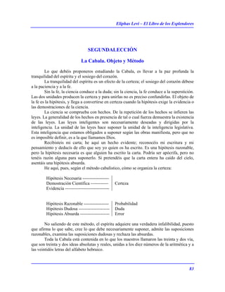 Eliphas Levi – El Libro de los Esplendores
83
SEGUNDALECCIÓN
La Cabala. Objeto y Método
Lo que debéis proponeros estudiando la Cabala, es llevar a la paz profunda la
tranquilidad del espíritu y el sosiego del corazón.
La tranquilidad del espíritu es un efecto de la certeza; el sosiego del corazón débese
a la paciencia y a la fe.
Sin la fe, la ciencia conduce a la duda; sin la ciencia, la fe conduce a la superstición.
Las dos unidades producen la certeza y para unirlas no es preciso confundirlas. El objeto de
la fe es la hipótesis, y llega a convertirse en certeza cuando la hipótesis exige la evidencia o
las demostraciones de la ciencia.
La ciencia se comprueba con hechos. De la repetición de los hechos se infieren las
leyes. La generalidad de los hechos en presencia de tal o cual fuerza demuestra la existencia
de las leyes. Las leyes inteligentes son necesariamente deseadas y dirigidas por la
inteligencia. La unidad de las leyes hace suponer la unidad de la inteligencia legislativa.
Esta inteligencia que estamos obligados a suponer según las obras manifiesta, pero que no
es imposible definir, es a la que llamamos Dios.
Recibisteis mi carta; he aquí un hecho evidente; reconocéis mi escritura y mi
pensamiento y deducís de ello que soy yo quien os ha escrito. Es una hipótesis razonable,
pero la hipótesis necesaria es que alguien ha escrito la carta. Podría ser apócrifa, pero no
tenéis razón alguna para suponerlo. Si pretendéis que la carta entera ha caído del cielo,
asentáis una hipótesis absurda.
He aquí, pues, según el método cabalístico, cómo se organiza la certeza:
Hipótesis Necesaria ------------------
Demostración Científica ------------ Certeza
Evidencia ------------------------------
Hipótesis Razonable ----------------- Probabilidad
Hipótesis Dudosa --------------------- Duda
Hipótesis Absurda -------------------- Error
No saliendo de este método, el espíritu adquiere una verdadera infalibilidad, puesto
que afirma lo que sabe, cree lo que debe necesariamente suponer, admite las suposiciones
razonables, examina las suposiciones dudosas y rechaza las absurdas.
Toda la Cabala está contenida en lo que los maestros llamaron las treinta y dos vía,
que son treinta y dos ideas absolutas y reales, unidas a los diez números de la aritmética y a
las veintidós letras del alfabeto hebraico.
 