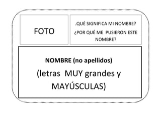 FOTO 
NOMBRE (no apellidos) 
(letras MUY grandes y MAYÚSCULAS) 
¿QUÉ SIGNIFICA MI NOMBRE? 
¿POR QUÉ ME PUSIERON ESTE NOMBRE? 
