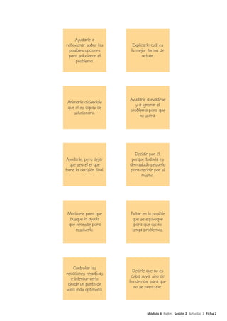 Ayudarle a
reflexionar sobre las
posibles opciones
para solucionar el
problema.
Explicarle cuál es
la mejor forma de
actuar.
Animarle diciéndole
que él es capaz de
solucionarlo.
Ayudarle a evadirse
y a ignorar el
problema para que
no sufra.
Ayudarle, pero dejar
que sea él el que
tome la decisión final.
Decidir por él,
porque todavía es
demasiado pequeño
para decidir por sí
mismo.
Motivarle para que
busque la ayuda
que necesite para
resolverlo.
Evitar en lo posible
que se equivoque
para que así no
tenga problemas.
Controlar las
reacciones negativas
e intentar verlo
desde un punto de
vista más optimista.
Decirle que no es
culpa suya, sino de
los demás, para que
no se preocupe.
Módulo 6 Padres Sesión 2 Actividad 2 Ficha 2
 