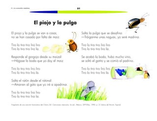 4 • L a c u c a r a c h a c ome l o n a 31 
El piojo y la pulga 
El piojo y la pulga se van a casar, 
no se han casado por falta de maiz. 
Tiro lo tiro tiro liro liro 
Tiro lo tiro tiro liro la. 
Responde el gorgojo desde su maizal: 
—Hágase la boda que yo doy el maiz. 
Tiro lo tiro tiro liro liro 
Tiro lo tiro tiro liro la. 
Salta el ratón desde el ratonal: 
—Amarren al gato que yo iré a apadrinar. 
Tiro lo tiro tiro liro liro 
Tiro lo tiro tiro liro la. 
Salta la pulga que se desafina: 
—Tráiganme unas naguas, yo seré madrina. 
Tiro lo tiro tiro liro liro 
Tiro lo tiro tiro liro la. 
Se acabó la boda, hubo mucho vino, 
se soltó el gatito y se comió al padrino. 
Tiro lo tiro tiro liro liro 
Tiro lo tiro tiro liro la. 
Fragmento de una canción humorística del Charro Gil. Cancionero mexicano, 2a ed., México, SEP-Trillas, 1990, p. 21 (Libros del Rincón, Espiral). 
 