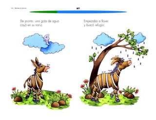 1 4 • R u f i n a l a b u r r a 87 
De pronto, una gota de agua 
cayó en su nariz. 
Empezaba a llover 
y buscó refugio. 
 