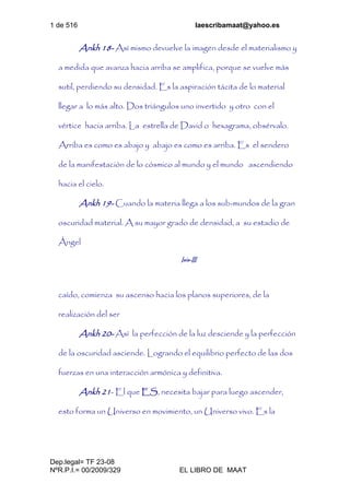1 de 516 laescribamaat@yahoo.es
Dep.legal= TF 23-08
NºR.P.I.= 00/2009/329 EL LIBRO DE MAAT
Ankh 18- Así mismo devuelve la imagen desde el materialismo y
a medida que avanza hacia arriba se amplifica, porque se vuelve más
sutil, perdiendo su densidad. Es la aspiración tácita de lo material
llegar a lo más alto. Dos triángulos uno invertido y otro con el
vértice hacia arriba. La estrella de David o hexagrama, obsérvalo.
Arriba es como es abajo y abajo es como es arriba. Es el sendero
de la manifestación de lo cósmico al mundo y el mundo ascendiendo
hacia el cielo.
Ankh 19- Cuando la materia llega a los sub-mundos de la gran
oscuridad material. A su mayor grado de densidad, a su estadio de
Ángel
Isis-III
caído, comienza su ascenso hacia los planos superiores, de la
realización del ser
Ankh 20- Así la perfección de la luz desciende y la perfección
de la oscuridad asciende. Logrando el equilibrio perfecto de las dos
fuerzas en una interacción armónica y definitiva.
Ankh 21- El que ES, necesita bajar para luego ascender,
esto forma un Universo en movimiento, un Universo vivo. Es la
 