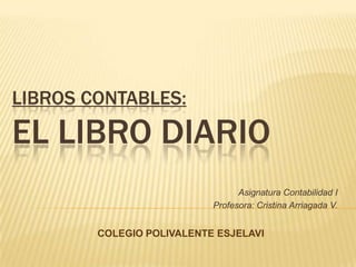Libros Contables:EL LIBRO DIARIO Asignatura Contabilidad I  Profesora: Cristina Arriagada V. COLEGIO POLIVALENTE ESJELAVI 