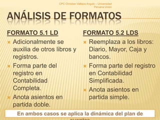 Análisis de formatosFORMATO 5.1 LDAdicionalmente se auxilia de otros libros y registros.Forma parte del registro en Contabilidad Completa.Anota asientos en partida doble.FORMATO 5.2 LDSReemplaza a los libros: Diario, Mayor, Caja y bancos.Forma parte del registro en Contabilidad Simplificada.Anota asientos en partida simple.CPC Christian Vallejos Angulo – Universidad Peruana Unión12En ambos casos se aplica la dinámica del plan de cuentas