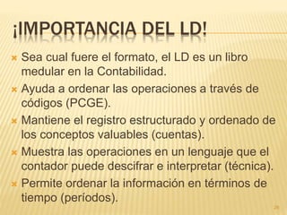 ¡IMPORTANCIA DEL LD!
 Sea cual fuere el formato, el LD es un libro
medular en la Contabilidad.
 Ayuda a ordenar las operaciones a través de
códigos (PCGE).
 Mantiene el registro estructurado y ordenado de
los conceptos valuables (cuentas).
 Muestra las operaciones en un lenguaje que el
contador puede descifrar e interpretar (técnica).
 Permite ordenar la información en términos de
tiempo (períodos).
26
 