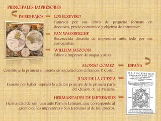 PRINCIPALES IMPRESORES
         PAISES BAJOS         LOS ELZEVIRO
                              Famosos por sus libros de pequeño formato              en
                              doceavos, precio económico y objetivo de entretener.
                              VAN WAESBERGHE
                              Reconocida dinastía de impresores ante todo por sus
                              cartografías.
                              WILLIEM JASZOON
                              Editor e impresor de mapas y atlas.

                                               ALONSO GÓMEZ             ESPAÑA
Constituye la primera imprenta en sociedad con el francés P. Cosín.

                                            JUAN DE LA CUESTA
  Famoso por haber impreso la edición príncipe de la primera parte
                                        del Quijote de La Mancha.

                              HERMANDADES DE IMPRESORES
 Hermandad de San Juan ante Portam Latinam, que corresponde al
       gremio de los impresores y San Jerónimo al de los libreros.
 