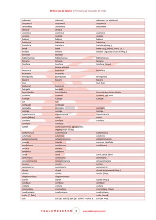 El libro rojo de Cálamo | Prontuario de manuales de estilo

askenazí
asquenazí
atmósfera
atríaca
austriaco
ayatolá
bálano
balaustre
barisfera
bebé
béisbol
bereber
bibliomancia
bimano
biosfera
bosniaco
bractéola
bronquiolo
bucare
bue
búmeran
búngalo
bustrófedon
caaminí
Calíope
caí
cámpago
cánnabis
cantiga
capnomancia
carau [kárau]
cardiaca
cardíaco
cartel
cartomancia
catatonía
catoptromancia
caucáu
caudimano
celíaco
celtíbero
cenit
centimano
ceraunomancia
cercén
ceromancia
chasis
chófer
cleptomaníaco
cóctel
cordiaco
crátera
cromosfera
cuadrumano
cuilio (El Salv.)
culi

askenazí
asquenazí
atmósfera
atriaca
austriaco
ayatolá
bálano
balaustre
barisfera
bebé
béisbol
beréber
bibliomancia
bimano
biosfera
biraro o biraró
bosniaco
bracteola
bronquiolo
bucare

askenazi; no askhenazi
asquenazi
atmosfera
austríaco
ayatola
balano
balaústre
barísfera (Hisp.)
bebe (Arg., Hond., Perú, Ur.)
beisbol (algunas zonas de Hisp.)
bibliomancía
bímano
biósfera (Hisp.)
bosníaco
bronquíolo
búcare
bué; búe

bumerán
bungaló
bustrófedon
caaminí
Calíope
cay
campago
cánnabis
cantiga
capnomancia
caráu
cardiaca
cardiaco
cártel (convenio; agrupación;
organización ilícita)
cartomancia
catatonía
catoptromancia
caucáu
caudimano
celiaco
celtibero
cenit
centimano
ceraunomancia
cercén
ceromancia
chasis
chófer
cleptomaniaco
cóctel
cordiaco
crátera
cromosfera
cuadrumano
culi (pl. ‘culis’); culí (pl. ‘culíes’ –culto- o

© C Á L A M O & C R A N

4

bustrofedon; bustrofedón
caámini; caá-miní
Caliope

cannabis
cántiga
capnomancía
caraú
cardíaca

cartomancía
catatonia
catoptromancía
cau-cau; caucháu
caudímano

cénit; zenit; zénit
centímano
ceraunomancía
cercen
ceromancía
chasís (en zonas de Hisp.)
chofer (Hisp.)
coctel (Hisp.)
cordíaco
cratera
cromósfera (Hisp.)
cuadrúmano
cuilío (Hond.)
culí (en Hisp.)

www.calamoycran.com

 