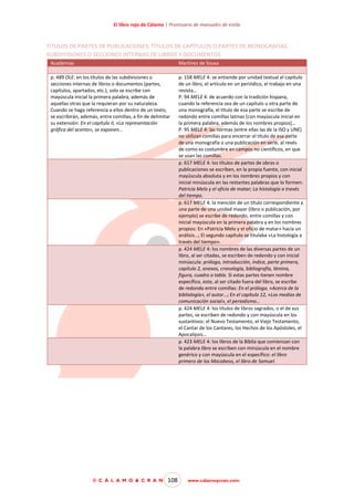 El libro rojo de Cálamo | Prontuario de manuales de estilo

TÍTULOS DE PARTES DE PUBLICACIONES. TÍTULOS DE CAPÍTULOS O PARTES DE MONOGRAFÍAS.
SUBDIVISIONES O SECCIONES INTERNAS DE LIBROS Y DOCUMENTOS
Academias

Martínez de Sousa

p. 489 OLE: en los títulos de las subdivisiones o
secciones internas de libros o documentos (partes,
capítulos, apartados, etc.), solo se escribe con
mayúscula inicial la primera palabra, además de
aquellas otras que la requieran por su naturaleza.
Cuando se haga referencia a ellos dentro de un texto,
se escribirán, además, entre comillas, a fin de delimitar
su extensión: En el capítulo II, «La representación
gráfica del acento», se exponen…

p. 158 MELE 4: se entiende por unidad textual el capítulo
de un libro, el artículo en un periódico, el trabajo en una
revista…
P. 94 MELE 4: de acuerdo con la tradición hispana,
cuando la referencia sea de un capítulo u otra parte de
una monografía, el título de esa parte se escribe de
redondo entre comillas latinas [con mayúscula inicial en
la primera palabra, además de los nombres propios]…
P. 95 MELE 4: las normas (entre ellas las de la ISO y UNE)
no utilizan comillas para encerrar el título de esa parte
de una monografía o una publicación en serie, al revés
de como es costumbre en campos no científicos, en que
se usan las comillas.
p. 617 MELE 4: los títulos de partes de obras o
publicaciones se escriben, en la propia fuente, con inicial
mayúscula absoluta y en los nombres propios y con
inicial minúscula en las restantes palabras que lo formen:
Patricia Melo y el oficio de matar; La histología a través
del tiempo.
p. 617 MELE 4: la mención de un título correspondiente a
una parte de una unidad mayor (libro o publicación, por
ejemplo) se escribe de redondo, entre comillas y con
inicial mayúscula en la primera palabra y en los nombres
propios: En «Patricia Melo y el oficio de matar» hacía un
análisis…; El segundo capítulo se titulaba «La histología a
través del tiempo».
p. 424 MELE 4: los nombres de las diversas partes de un
libro, al ser citadas, se escriben de redondo y con inicial
minúscula: prólogo, introducción, índice, parte primera,
capítulo 2, anexos, cronología, bibliografía, lámina,
figura, cuadro o tabla. Si estas partes tienen nombre
específico, este, al ser citado fuera del libro, se escribe
de redondo entre comillas: En el prólogo, «Acerca de la
bibliología», el autor…; En el capítulo 12, «Los medios de
comunicación social», el periodismo…
p. 424 MELE 4: los títulos de libros sagrados, o el de sus
partes, se escriben de redondo y con mayúscula en los
sustantivos: el Nuevo Testamento, el Viejo Testamento,
el Cantar de los Cantares, los Hechos de los Apóstoles, el
Apocalipsis…
p. 423 MELE 4: los libros de la Biblia que comienzan con
la palabra libro se escriben con minúscula en el nombre
genérico y con mayúscula en el específico: el libro
primero de los Macabeos, el libro de Samuel.

© C Á L A M O & C R A N

108

www.calamoycran.com

 