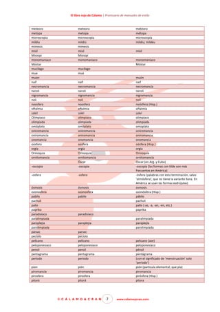 El libro rojo de Cálamo | Prontuario de manuales de estilo

meteoro
metopa
microscopia
mildiu
mímesis
misil
Misisipi
monomaniaco
Mostar
mucilago
mue
muon
naíf
necromancia
neroli
nigromancia
noli
noosfera
oftalmia
¡olé!
Olimpiaco
olimpiada
omóplato
onicomancia
oniromancia
onomancia
oosfera
orgía
Orinoquia
ornitomancia

meteoro
metopa
microscopia
mildiú
mimesis
misil
Misisipí
monomaniaco

metéoro
métopa
microscopía
mildíu; mildéu
mísil
monomaníaco
Móstar

mucílago
mué

-oscopia
-osfera

-osfera

ósmosis
ozonosfera
pabilo
pachulí
palio
páprika
paradisíaco
paralimpiada
paraplejia
parolimpiada
pársec
pecíolo
pelícano
peloponesiaco
pensil
pentagrama
período

ósmosis
ozonosfera
pabilo

pion
piromancia
pirosfera
pitorá

muón
naif
necromancía
nerolí
nigromancía
nolí
noósfera (Hisp.)
oftalmía
¡ole!
olimpíaco
olimpíada
omoplato
onicomancía
oniromancía
onomancía
oósfera (Hisp.)
orgia
Orinoquía
ornitomancía
Oscar (en Arg. y Cuba)
-oscopía (las formas con tilde son más
frecuentes en América)
-ósfera (palabras con esta terminación, salvo
‘atmósfera’, que no tiene la variante llana. En
América se usan las formas esdrújulas)
osmosis
ozonósfera (Hisp.)
pábilo
pachuli
palío (-as, -a, -an, -en, etc.)
paprika

naíf
necromancia
neroli
nigromancia
noli
noosfera
oftalmia
¡olé!
olimpiaco
olimpiada
omóplato
onicomancia
oniromancia
onomancia
oosfera
orgía
Orinoquia
ornitomancia
Óscar
-oscopia

pión
piromancia
pirosfera
pitorá

paradisiaco
paralimpíada
paraplejía
parolimpíada

paraplejia
parsec
peciolo
pelícano
peloponesiaco
pensil
pentagrama
periodo

© C Á L A M O & C R A N

pelicano (ave)
peloponesíaco
pénsil
pentágrama
(con el significado de ‘menstruación’ solo
‘periodo’)
pión (partícula elemental; que pía)
piromancía
pirósfera (Hisp.)
pitora

7

www.calamoycran.com

 