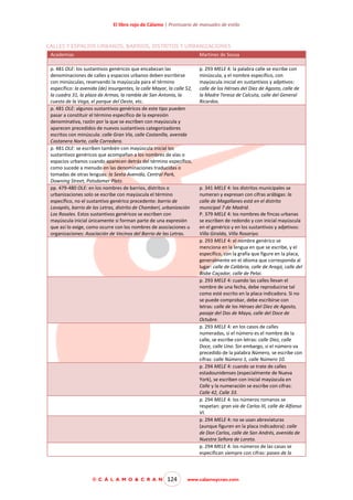 El libro rojo de Cálamo | Prontuario de manuales de estilo

CALLES Y ESPACIOS URBANOS. BARRIOS, DISTRITOS Y URBANIZACIONES
Academias

Martínez de Sousa

p. 481 OLE: los sustantivos genéricos que encabezan las
denominaciones de calles y espacios urbanos deben escribirse
con minúsculas, reservando la mayúscula para el término
específico: la avenida (de) Insurgentes, la calle Mayor, la calle 52,
la cuadra 31, la plaza de Armas, la rambla de San Antonio, la
cuesta de la Vega, el parque del Oeste, etc.
p. 481 OLE: algunos sustantivos genéricos de este tipo pueden
pasar a constituir el término específico de la expresión
denominativa, razón por la que se escriben con mayúscula y
aparecen precedidos de nuevos sustantivos categorizadores
escritos con minúscula: calle Gran Vía, calle Costanilla, avenida
Costanera Norte, calle Corredera.
p. 481 OLE: se escriben también con mayúscula inicial los
sustantivos genéricos que acompañan a los nombres de vías o
espacios urbanos cuando aparecen detrás del término específico,
como sucede a menudo en las denominaciones traducidas o
tomadas de otras lenguas: la Sexta Avenida, Central Park,
Downing Street, Potsdamer Platz.
pp. 479-480 OLE: en los nombres de barrios, distritos o
urbanizaciones solo se escribe con mayúscula el término
específico, no el sustantivo genérico precedente: barrio de
Lavapiés, barrio de las Letras, distrito de Chamberí, urbanización
Los Rosales. Estos sustantivos genéricos se escriben con
mayúscula inicial únicamente si forman parte de una expresión
que así lo exige, como ocurre con los nombres de asociaciones u
organizaciones: Asociación de Vecinos del Barrio de las Letras.

p. 293 MELE 4: la palabra calle se escribe con
minúscula, y el nombre específico, con
mayúscula inicial en sustantivos y adjetivos:
calle de los Héroes del Diez de Agosto, calle de
la Madre Teresa de Calcuta, calle del General
Ricardos.

© C Á L A M O & C R A N

124

p. 341 MELE 4: los distritos municipales se
numeran y expresan con cifras arábigas: la
calle de Magallanes está en el distrito
municipal 7 de Madrid.
P. 379 MELE 4: los nombres de fincas urbanas
se escriben de redondo y con inicial mayúscula
en el genérico y en los sustantivos y adjetivos:
Villa Giralda, Villa Rosariyo.
p. 293 MELE 4: el nombre genérico se
menciona en la lengua en que se escribe, y el
específico, con la grafía que figure en la placa,
generalmente en el idioma que corresponda al
lugar: calle de Calàbria, calle de Aragó, calle del
Bisbe Caçador, calle de Pelai.
p. 293 MELE 4: cuando las calles llevan el
nombre de una fecha, debe reproducirse tal
como esté escrito en la placa indicadora. Si no
se puede comprobar, debe escribirse con
letras: calle de los Héroes del Diez de Agosto,
pasaje del Dos de Mayo, calle del Doce de
Octubre.
p. 293 MELE 4: en los casos de calles
numeradas, si el número es el nombre de la
calle, se escribe con letras: calle Diez, calle
Doce, calle Uno. Sin embargo, si el número va
precedido de la palabra Número, se escribe con
cifras: calle Número 1, calle Número 10.
p. 294 MELE 4: cuando se trate de calles
estadounidenses (especialmente de Nueva
York), se escriben con inicial mayúscula en
Calle y la numeración se escribe con cifras:
Calle 42, Calle 33.
p. 294 MELE 4: los números romanos se
respetan: gran vía de Carlos III, calle de Alfonso
VI.
p. 294 MELE 4: no se usan abreviaturas
(aunque figuren en la placa indicadora): calle
de Don Carlos, calle de San Andrés, avenida de
Nuestra Señora de Loreto.
p. 294 MELE 4: los números de las casas se
especifican siempre con cifras: paseo de la

www.calamoycran.com

 