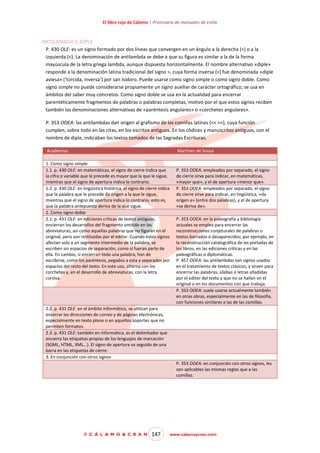 El libro rojo de Cálamo | Prontuario de manuales de estilo

ANTILAMBDA O DIPLE
P. 430 OLE: es un signo formado por dos líneas que convergen en un ángulo a la derecha (>) o a la
izquierda (<). La denominación de antilambda se debe a que su figura es similar a la de la forma
mayúscula de la letra griega lambda, aunque dispuesta horizontalmente. El nombre alternativo «diple»
responde a la denominación latina tradicional del signo >, cuya forma inversa (<) fue denominada «diple
aviesa» (‘torcida, inversa’) por san Isidoro. Puede usarse como signo simple o como signo doble. Como
signo simple no puede considerarse propiamente un signo auxiliar de carácter ortográfico; se usa en
ámbitos del saber muy concretos. Como signo doble se usa en la actualidad para encerrar
parentéticamente fragmentos de palabras o palabras completas, motivo por el que estos signos reciben
también las denominaciones alternativas de «paréntesis angulares» o «corchetes angulares».
P. 353 OOEA: las antilambdas dan origen al grafismo de las comillas latinas (<< >>), cuya función
cumplen, sobre todo en las citas, en los escritos antiguos. En los códices y manuscritos antiguos, con el
nombre de diple, indicaban los textos tomados de las Sagradas Escrituras.
Academias

Martínez de Sousa

1. Como signo simple
1.1. p. 430 OLE: en matemáticas, el signo de cierre indica que
la cifra o variable que le precede es mayor que la que le sigue,
mientras que el signo de apertura indica lo contrario.
1.2. p. 430 OLE: en lingüística histórica, el signo de cierre indica
que la palabra que le precede da origen a la que le sigue,
mientras que el signo de apertura indica lo contrario, esto es,
que la palabra antepuesta deriva de la que sigue.
2. Como signo doble
2.1. p. 431 OLE: en ediciones críticas de textos antiguos,
encierran los desarrollos del fragmento omitido en las
abreviaturas, así como aquellas palabras que no figuran en el
original, pero son restituidas por el editor. Cuando estos signos
afectan solo a un segmento intermedio de la palabra, se
escriben sin espacios de separación, como si fueran parte de
ella. En cambio, si encierran toda una palabra, han de
escribirse, como los paréntesis, pegados a esta y separados por
espacios del resto del texto. En este uso, alterna con los
corchetes y, en el desarrollo de abreviaturas, con la letra
cursiva.

P. 353 OOEA: empleados por separado, el signo
de cierre sirve para indicar, en matemáticas,
«mayor que», y el de apertura «menor que».
P. 353 OOEA: empleados por separado, el signo
de cierre sirve para indicar, en lingüística, «da
origen a» (entre dos palabras), y el de apertura
«se deriva de».
P. 353 OOEA: en la paleografía y bibliología
actuales se emplea para encerrar las
reconstrucciones conjeturales de palabras o
textos borrados o desaparecidos; por ejemplo, en
la reconstrucción catalográfica de las portadas de
los libros, en las ediciones críticas y en las
paleográficas o diplomáticas.
P. 457 OOEA: las antilambdas son signos usados
en el tratamiento de textos clásicos, y sirven para
encerrar las palabras, sílabas o letras añadidas
por el editor del texto y que no se hallan en el
original o en los documentos con que trabaja.
P. 353 OOEA: suele usarse actualmente también
en otras obras, especialmente en las de filosofía,
con funciones similares a las de las comillas.

2.2. p. 431 OLE: en el ámbito informático, se utilizan para
encerrar las direcciones de correo y de páginas electrónicas,
especialmente en texto plano o en aquellos soportes que no
permiten formatos.
2.3. p. 431 OLE: también en informática, es el delimitador que
encierra las etiquetas propias de los lenguajes de marcación
(SGML, HTML, XML…). El signo de apertura va seguido de una
barra en las etiquetas de cierre.
3. En conjunción con otros signos
P. 353 OOEA: en conjunción con otros signos, les
son aplicables las mismas reglas que a las
comillas.

© C Á L A M O & C R A N

147

www.calamoycran.com

 