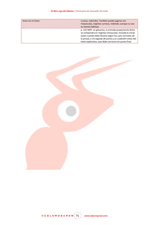 El libro rojo de Cálamo | Prontuario de manuales de estilo

línea con el texto.

cursiva, redondo). También puede jugarse con
mayúsculas, negritas cursivas, redondo; aunque su uso
es menos habitual.
p. 232 MPE: en glosarios, la entrada propiamente dicha
se compondrá en negritas minúsculas, incluida la inicial
(salvo cuando deba llevarla según los usos normales de
la prosa), e irá seguida de punto y un cuadratín antes del
texto explicativo, que debe cerrarse con punto final.

© C Á L A M O & C R A N

71

www.calamoycran.com

 