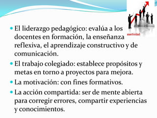  El liderazgo pedagógico: evalúa a los
  docentes en formación, la enseñanza
  reflexiva, el aprendizaje constructivo y de
  comunicación.
 El trabajo colegiado: establece propósitos y
  metas en torno a proyectos para mejora.
 La motivación: con fines formativos.
 La acción compartida: ser de mente abierta
  para corregir errores, compartir experiencias
  y conocimientos.
 