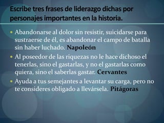 Escribe tres frases de liderazgo dichas por
personajes importantes en la historia.
 Abandonarse al dolor sin resistir, suicidarse para
  sustraerse de él, es abandonar el campo de batalla
  sin haber luchado. Napoleón
 Al poseedor de las riquezas no le hace dichoso el
  tenerlas, sino el gastarlas, y no el gastarlas como
  quiera, sino el saberlas gastar. Cervantes
 Ayuda a tus semejantes a levantar su carga, pero no
  te consideres obligado a llevársela. Pitágoras
 