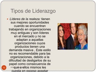 Tipos de Liderazgo
      Líderes de la realeza: tienen
        sus mejores oportunidades
            cuando se encuentran
      trabajando en organizaciones
        muy antiguas y son líderes
            en el mercado y no se
              adaptan a aquellas
             organizaciones cuyos
             productos tienen una
      demanda masiva , Este estilo
      no es recomendable para las
        organizaciones, debido a la
      dificultad de desligarlos de su
      papel como consecuencia de
10         que a ellos mismos les
        Adriana Fajardo

         cuesta en exceso aceptar
 