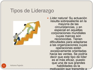 Tipos de Liderazgo
                        Líder natural: Su actuación
                        resulta sobresaliente en la
                                mayoría de las
                             circunstancias, y en
                            especial en aquellas
                         corporaciones mundiales
                              cuyas marcas son
                             reconocidas. Tienen
                        dificultades para adaptarse
                        a las organizaciones cuyas
                              operaciones están
                        excesivamente orientadas
                        hacia las ventas. Se podría
                        decir que este tipo de líder
                         es el más eficaz, puesto
                         que una de sus grandes
11   Adriana Fajardo           habilidades es la
                        motivación que transmite a
 