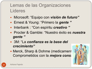 Lemas de las Organizaciones
     Lideres
        Microsoft: “Equipo con visión de futuro”
        Ernest & Young: “Primero la gente ”
        Interbank : “Con espíritu creativo ”
        Procter & Gamble: “Nuestro éxito es nuestra
         gente ”
        3M: “La confianza es la base del
         crecimiento”
        Merck, Sharp & Dohme (medicamentos):”
         Comprometidos con la mejora constante ”

24   Adriana Fajardo
 
