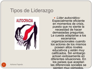 Tipos de Liderazgo
                          Líder autocrático:
                        Especialmente eficiente
                        en momentos de crisis,
                        puesto que no siente la
                           necesidad de hacer
                        demasiadas preguntas.
                      Le cuesta adaptarse a los
                               escenarios
                       organizacionales cuando
                      los actores de los mismos
                          poseen altos niveles
                        educativos y están muy
                       calificados. Sin embargo
                        actúan exitosamente en
                      diferentes situaciones. En
                        los países que aceptan
7   Adriana Fajardo   las diferencias sociales se
                         sienten muy cómodos.
 