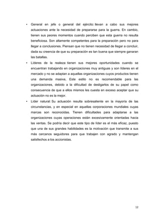 •

General en jefe o general del ejército: llevan a cabo sus mejores
actuaciones ante la necesidad de prepararse para la guerra. En cambio,
tienen sus peores momentos cuando perciben que esta guerra no resulta
beneficiosa. Son altamente competentes para la preparación pero no para
llegar a conclusiones. Piensan que no tienen necesidad de llegar a concluir,
dada su creencia de que su preparación es tan buena que siempre ganaran
las batallas.

•

Líderes de la realeza: tienen sus mejores oportunidades cuando se
encuentran trabajando en organizaciones muy antiguas y son líderes en el
mercado y no se adaptan a aquellas organizaciones cuyos productos tienen
una demanda masiva, Este estilo no es recomendable para las
organizaciones, debido a la dificultad de desligarlos de su papel como
consecuencia de que a ellos mismos les cuesta en exceso aceptar que su
actuación no es la mejor.

•

Líder natural: Su actuación resulta sobresaliente en la mayoría de las
circunstancias, y en especial en aquellas corporaciones mundiales cuyas
marcas son reconocidas. Tienen dificultades para adaptarse a las
organizaciones cuyas operaciones están excesivamente orientadas hacia
las ventas. Se podría decir que este tipo de líder es el más eficaz, puesto
que una de sus grandes habilidades es la motivación que transmite a sus
más cercanos seguidores para que trabajen con agrado y mantengan
satisfechos a los accionistas.

12

 