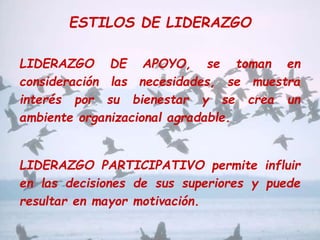 ESTILOS DE LIDERAZGO 
LIDERAZGO DE APOYO, se toman en 
consideración las necesidades, se muestra 
interés por su bienestar y se crea un 
ambiente organizacional agradable. 
LIDERAZGO PARTICIPATIVO permite influir 
en las decisiones de sus superiores y puede 
resultar en mayor motivación. 
 