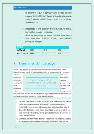 EL LIDERAZGO
pág. 7
se desarrolló según el confucionismo la idea del líder
como unser eruditoy benévolo,apoyadopor unagran
tradición de piedad filial. Como dice Sun Tzu en El arte
de la guerra:4
 El liderazgo es una cuestión de inteligencia, honradez,
humanidad, coraje y disciplina...
 «Cuando uno tiene las cinco virtudes todas juntas,
cada una correspondiente a su función, entonces uno
puede ser un líder.»
5) Lecciones de liderazgo
Según Colin Powell, muy pocas veces encontramos material que aporte
algunas cosas a nuestros principios y criterios ya establecidos, sin embargo
debemos reflexionar
cada quien en nuestro
nivel sobre nuestro
desempeño profesional que
cada persona esta
obligada a realizar,
debemos tener presente
que para tener éxito tenemos que conocer algunas lecciones de liderazgo que
nos serán de mucha utilidad en nuestra ámbito laboral.
1. Ser líder implica diferir con las ideologías de la mayoría ya que implica
tener responsabilidad para argumentar y debatir para inspirar
seguridad. Tener un buen liderazgo implica responsabilidad para el
bienestar del grupo, por tal motivo algunas personas se enojaran por
sus acciones y decisiones, querer ganarse la simpatía de todos es un
signo de mediocridad.
2. Cuando sus subordinados dejen de presentarle sus problemas, ese día
ha dejado de ser su líder. le han perdido la confianza para que los
LIDERES
ACTIVOS PERU 18 % 100%
DESACTIVOS PERU 12% 110%
LAS LECCIONES SON
IMPORTANTES PARA LA VIDA DE
UN LIDER
 