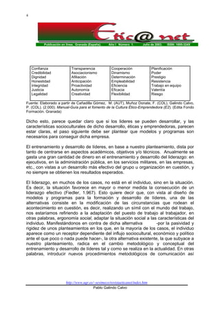 Publicación en línea. Granada (España). Año I Número 1. Julio de 2003. ISSN: 1695-324X
http://www.ugr.es/~sevimeco/revistaeticanet/index.htm
Pablo Galindo Calvo
4
Confianza
Credibilidad
Dignidad
Honestidad
Integridad
Justicia
Legalidad
Transparencia
Asociacionismo
Afiliación
Anticipación
Proactividad
Autonomía
Creatividad
Cooperación
Dinamismo
Determinación
Empleabilidad
Eficiencia
Eficacia
Flexibilidad
Planificación
Poder
Prestigio
Resistencia
Trabajo en equipo
Valentía
Riesgo
Fuente: Elaborado a partir de Cañadilla Gómez, M. (AUT), Muñoz Donate, F. (COL), Galindo Calvo,
P. (COL). (2.000). Manual-Guía para el fomento de la Cultura Ético-Emprendedora (E2). (Edita Fondo
Formación. Granada)
Dicho esto, parece quedar claro que si los lideres se pueden desarrollar, y las
características socioculturales de dicho desarrollo, éticas y emprendedoras, parecen
estar claras, el paso siguiente debe ser plantear que modelos y programas son
necesarios para conseguir dicha empresa.
El entrenamiento y desarrollo de líderes, en base a nuestro planteamiento, dista por
tanto de centrarse en aspectos académicos, objetivos y/o técnicos. Anualmente se
gasta una gran cantidad de dinero en el entrenamiento y desarrollo del liderazgo: en
ejecutivos, en la administración pública, en los servicios militares, en las empresas,
etc., con vistas a un desarrollo más efectivo del grupo u organización en cuestión, y
no siempre se obtienen los resultados esperados.
El liderazgo, en muchos de los casos, no está en el individuo, sino en la situación.
Es decir, la situación favorece en mayor o menor medida la consecución de un
liderazgo efectivo (Fiedler, 1.967). Esto quiere decir que, con vista al diseño de
modelos y programas para la formación y desarrollo de líderes, una de las
alternativas consiste en la modificación de las circunstancias que rodean el
acontecimiento en cuestión, es decir, realizando un símil con el mundo del trabajo,
nos estaríamos refiriendo a la adaptación del puesto de trabajo al trabajador, en
otras palabras, ergonomía social, adaptar la situación social a las características del
individuo. Manifestándonos en contra de dicha alternativa -por la pasividad y
rigidez de unos planteamientos en los que, en la mayoría de los casos, el individuo
aparece como un receptor dependiente del influjo sociocultural, económico y político
ante el que poco o nada puede hacer-, la otra alternativa existente, la que subyace a
nuestro planteamiento, radica en el cambio metodológico y conceptual del
entrenamiento y desarrollo de líderes tal y como se realiza en la actualidad. En otras
palabras, introducir nuevos procedimientos metodológicos de comunicación así
 