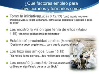 ¿Que factores empleó para involucrarlos y formarlos como él?Tomo la iniciativa(Lucas 6:12,13) “pasó toda la noche en oración a Dios.Al llegar la mañana, llamó a sus discípulos y escogió a doce de ellos"