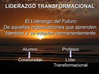 LIDERAZGO TRANSFORMACIONAL
El Liderazgo del Futuro:
De aquellas organizaciones que aprenden,
cambian y se adaptan permanentemente.
Alumno.
Colaborador.
Profesor.
Líder
Transformacional.
 