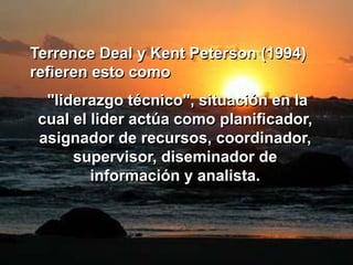 Terrence Deal y Kent Peterson (1994)
refieren esto como
"liderazgo técnico", situación en la
cual el lider actúa como planificador,
asignador de recursos, coordinador,
supervisor, diseminador de
información y analista.
 