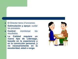  El Director tiene 2 funciones:
 Estimulación y apoyo: cuidar
los procesos.
 Control: monitorear los
resultados.
 La C...