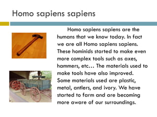 Homo sapiens sapiens Homo sapiens sapiens are the humans that we know today. In fact we are all Homo sapiens sapiens. These hominids started to make even more complex tools such as axes, hammers, etc… The materials used to make tools have also improved. Some materials used are plastic, metal, antlers, and ivory. We have started to farm and are becoming more aware of our surroundings.  