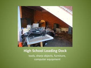 High	
  School	
  Loading	
  Dock	
  
tools,	
  sharp	
  objects,	
  furniture,	
  	
  
computer	
  equipment	
  
 