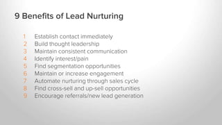 1 Establish contact immediately
2 Build thought leadership
3 Maintain consistent communication
4 Identify interest/pain
5 Find segmentation opportunities
6 Maintain or increase engagement
7 Automate nurturing through sales cycle
8 Find cross-sell and up-sell opportunities
9 Encourage referrals/new lead generation
9 Benefits of Lead Nurturing
 
