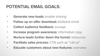 POTENTIAL EMAIL GOALS:
• Generate new leads: enable sharing
• Follow up on offer download: kickback email
• Collect audience feedback: surveys
• Increase program awareness: informative copy
• Nurture leads further down the funnel: resources
• Facilitate sales process: CTA such as “call us”
• Educate customers about new features: overview
 