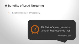1 Establish contact immediately
9 Benefits of Lead Nurturing
35-50% of sales go to the
vendor that responds first.
-InsideSales.com
 