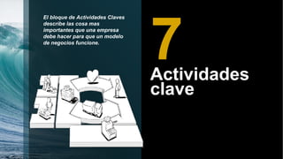 Actividades
clave
7
El bloque de Actividades Claves
describe las cosa mas
importantes que una empresa
debe hacer para que un modelo
de negocios funcione.
 