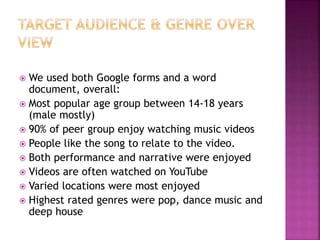  We used both Google forms and a word
document, overall:
 Most popular age group between 14-18 years
(male mostly)
 90% of peer group enjoy watching music videos
 People like the song to relate to the video.
 Both performance and narrative were enjoyed
 Videos are often watched on YouTube
 Varied locations were most enjoyed
 Highest rated genres were pop, dance music and
deep house
 