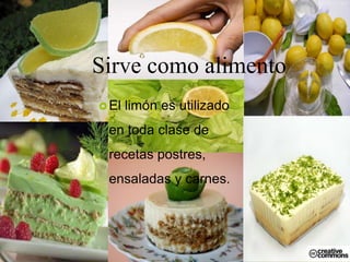 Sirve como alimento
 El   limón es utilizado
 en toda clase de
 recetas postres,
 ensaladas y carnes.
 