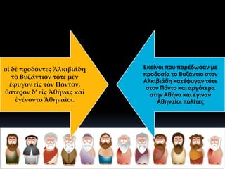 οἱ δὲ προδόντες Ἀλκιβιάδῃ
τὸ Βυζάντιον τότε μὲν
ἔφυγον εἰς τὸν Πόντον,
ὕστερον δ’ εἰς Ἀθήνας καὶ
ἐγένοντο Ἀθηναῖοι.
Εκείνοι που παρέδωσαν με
προδοσία το Βυζάντιο στον
Αλκιβιάδη κατέφυγαν τότε
στον Πόντο και αργότερα
στην Αθήνα και έγιναν
Αθηναίοι πολίτες
 