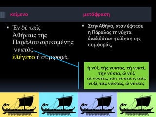 κείμενο
 Ἐν δὲ ταῖς
Ἀθήναις τῆς
Παράλου ἀφικομένης
νυκτὸς
ἐλέγετο ἡ συμφορά,
μετάφραση
 Στην Αθήνα, όταν έφτασε
η Πάραλος τη νύχτα
διαδιδόταν η είδηση της
συμφοράς,
ἡ νύξ, τῆς νυκτός, τῇ νυκτί,
τὴν νύκτα, ὦ νύξ
αἱ νύκτες, τῶν νυκτῶν, ταῖς
νυξί, τὰς νύκτας, ὦ νύκτες
 