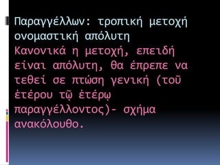 Παραγγέλλων: τροπική μετοχή
ονομαστική απόλυτη
Κανονικά η μετοχή, επειδή
είναι απόλυτη, θα έπρεπε να
τεθεί σε πτώση γενική (τοῦ
ἑτέρου τῷ ἑτέρῳ
παραγγέλλοντος)- σχήμα
ανακόλουθο.
 