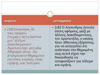 κείμενο μετάφραση
 [18]Λύσανδρος δὲ
τοῖς ἐφόροις
ἔπεμψεν ἀγγελοῦντα
μετ’ ἄλλων
Λακεδαιμονίων
Ἀριστοτέλην, φυγάδα
Ἀθηναῖον ὄντα, ὅτι
ἀποκρίναιτο Θηραμένει
ἐκείνους κυρίους εἶναι
εἰρήνης καὶ πολέμου.
 [18] Ο Λύσανδρος έστειλε
στους εφόρους, μαζί με
άλλους Λακεδαιμονίους,
τον Αριστοτέλη, ο οποίος
ήταν Αθηναίος εξόριστος,
για να αναγγείλει ότι
απάντησε στο Θηραμένη
πως αυτοί είχαν την
δικαιοδοσία να
αποφασίζουν για πόλεμο
και ειρήνη.
 